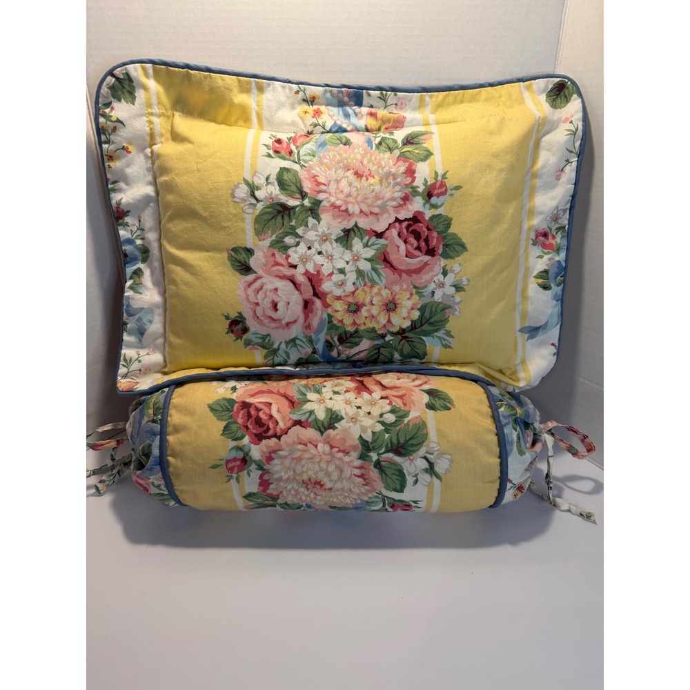 Croscill Vintage Floral Yellow Striped Decorative Pillow & Bolster Set 2pc